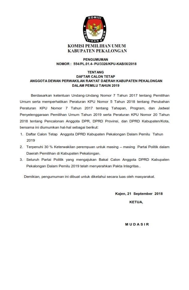 Pengumuman DCT KAB PEKALONGAN 001